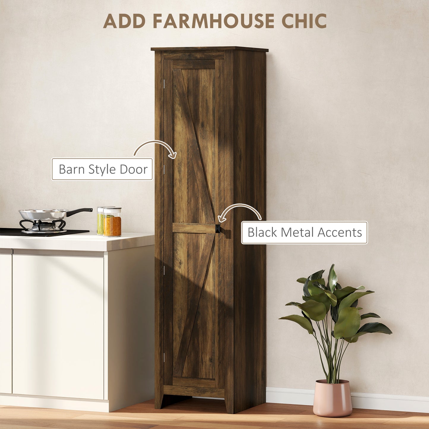HOMCOM 48" Farmhouse Kitchen Pantry Storage Cabinet with Barn Door, Kitchen Pantry Cabinet with Adjustable Shelves, Natural