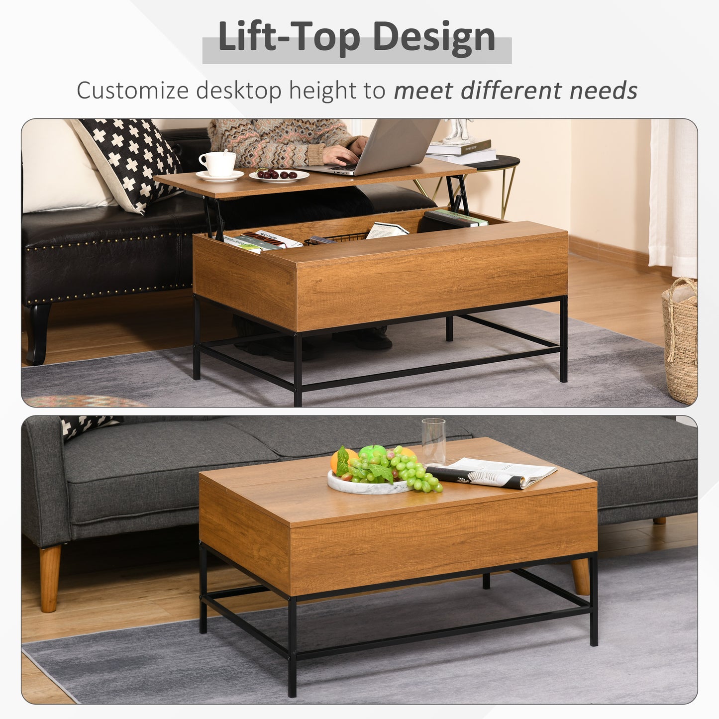 HOMCOM Lift Top Coffee Table with Hidden Storage Compartment Lift Tabletop Center Table for Living Room, Grey