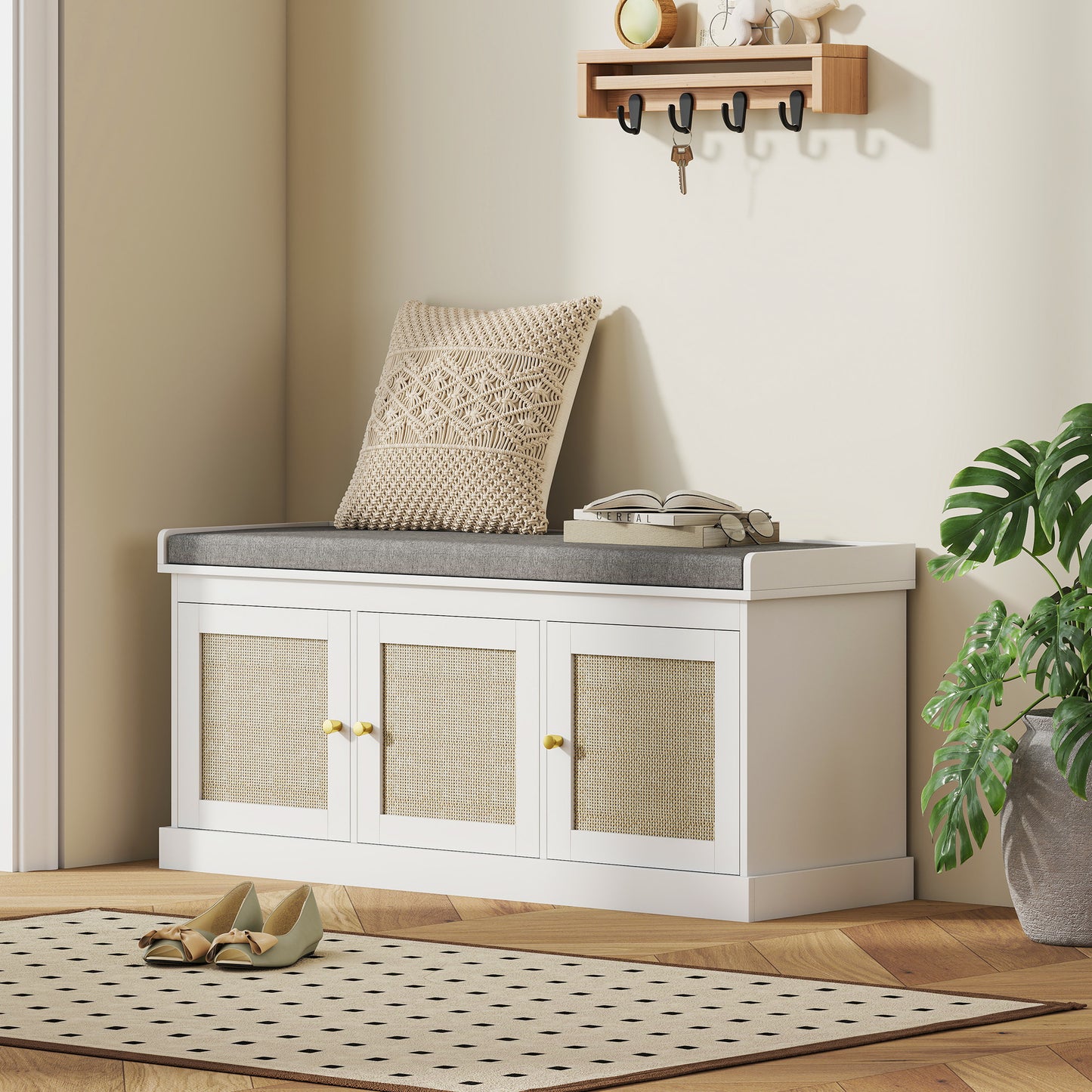 HOMCOM Shoe Storage Bench with Woven Rattan Doors, Shoe Bench with Cushion, Adjustable Shelves, Entryway Bench, White