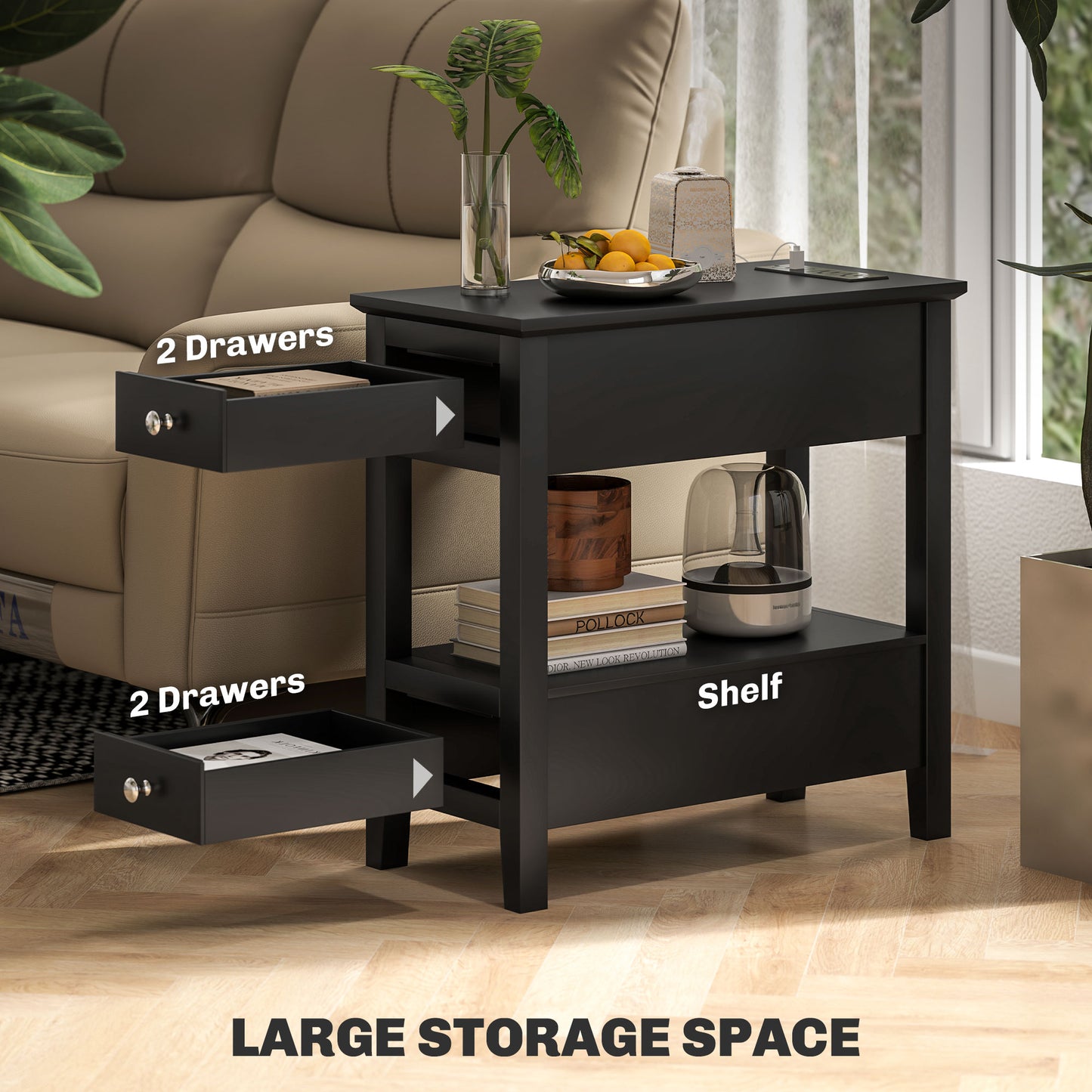 HOMCOM Narrow Side Table with Charging Station, USB Ports, Modern End Table with Storage Shelf, Drawers for Living Room, White