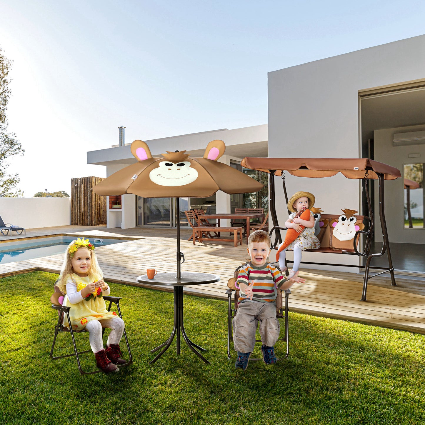 Outsunny Kids Folding Picnic Table and Chair Set Pattern Outdoor Garden Patio Backyard with Removable & Height Adjustable Sun Umbrella Brown