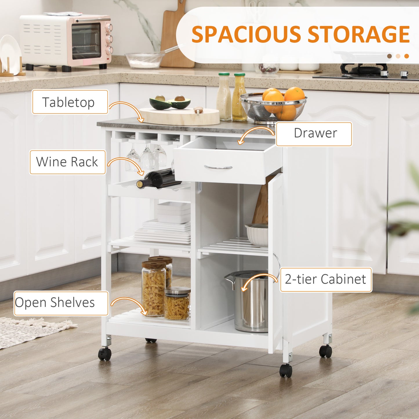 HOMCOM Rolling Kitchen Cart, Bar Cart on Wheels with Wine Rack, Drawer, Open Shelves, Cabinet and Faux Marble Top, Kitchen Island with Storage, White
