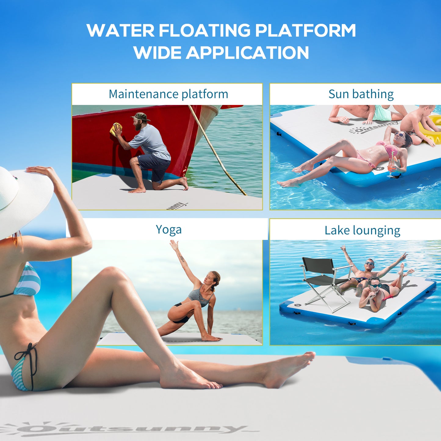 Outsunny 8' x 6' Water Floating Dock, Rafting Inflatable Island with Air Pump and Backpack for Pool, Beach, Ocean, Blue & Green
