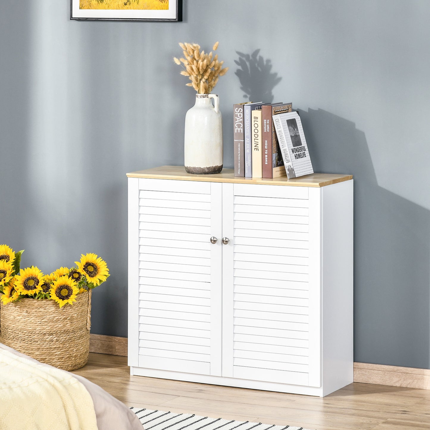HOMCOM Storage Cabinet Kitchen Sideboard with Louvered Doors, Freestanding Bathroom Cabinet, White