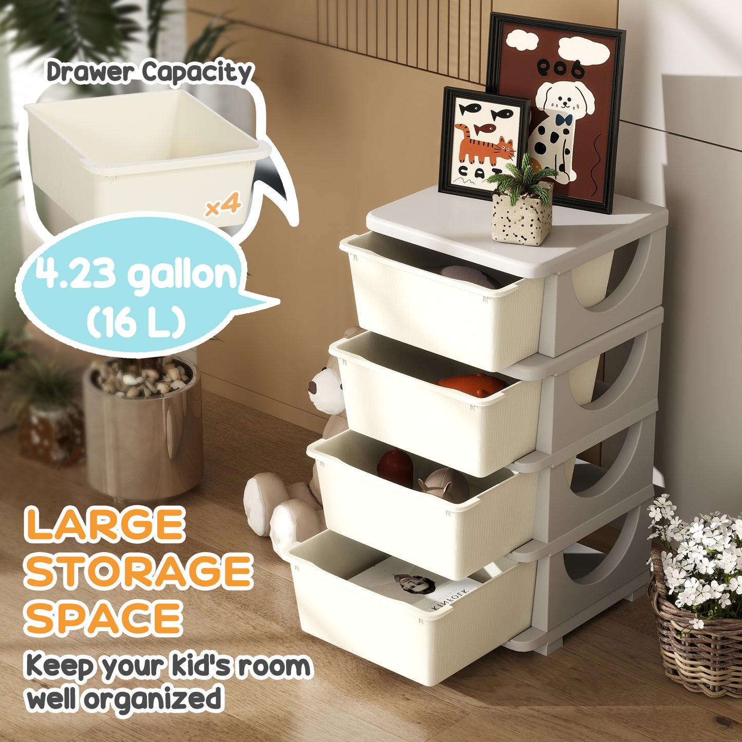 Qaba 3 Tier Kids Toy Organizer and Storage Bins with 3 Plastic Drawers, Blue