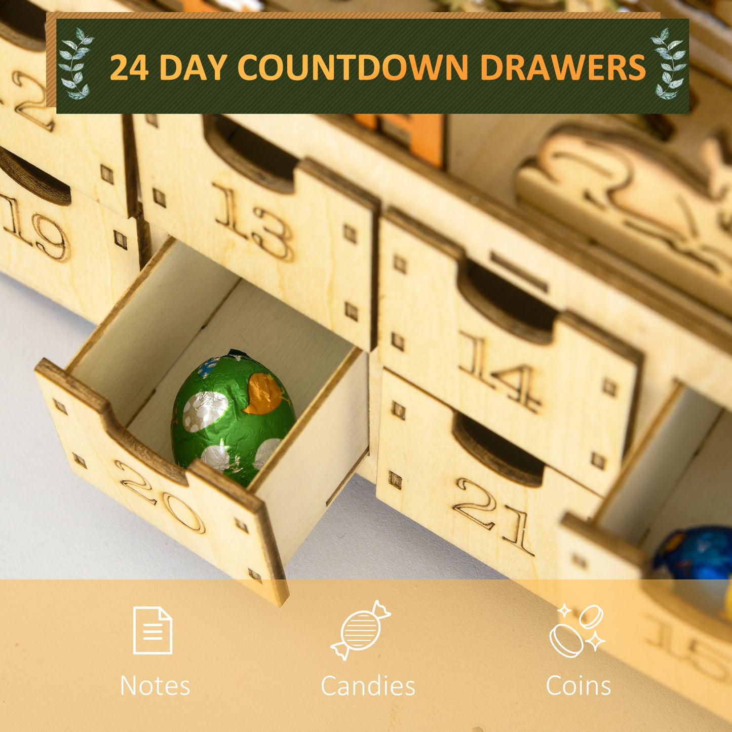 HOMCOM Wooden Christmas Advent Calendar, Lighted 24 Days Xmas Calendar House, Christmas Table Decoration with Countdown Drawers, Bible Characters, Battery Operated, Natural