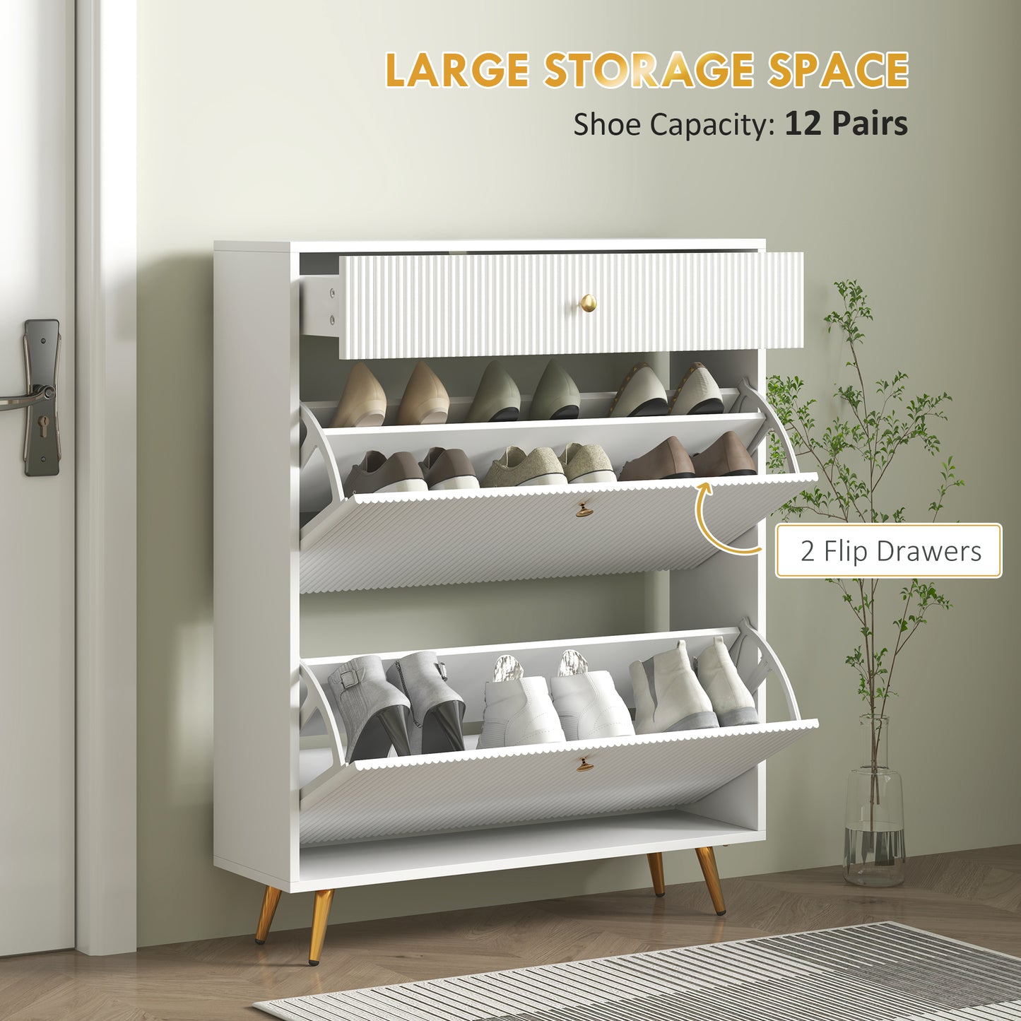 HOMCOM Narrow Shoe Storage Cabinet with Wave-like Panels and Adjustable Shelves for 12 Pairs of Shoes, Black