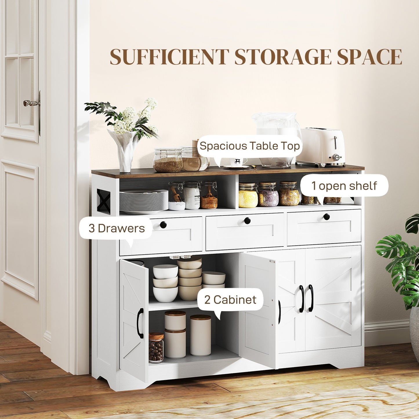 HOMCOM Sideboard, Buffet Cabinet with 4 Barn Doors and 3 Drawers, Coffee Bar Cabinet with Adjustable Shelves, Black
