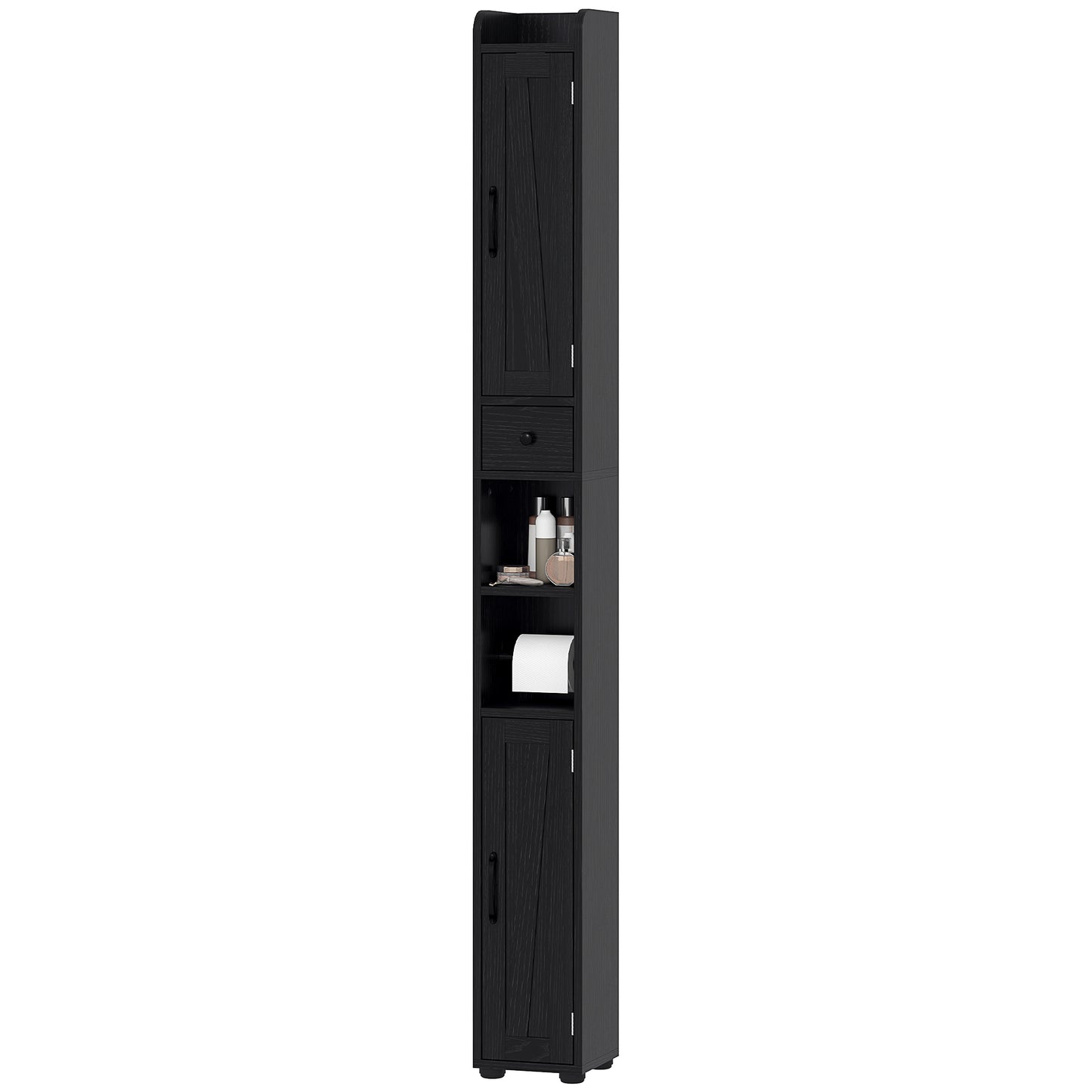 HOMCOM Narrow Bathroom Cabinet, Tall Bathroom Storage Cabinet with Barn Doors, Drawer and Adjustable Shelves, Brown Wood Grain