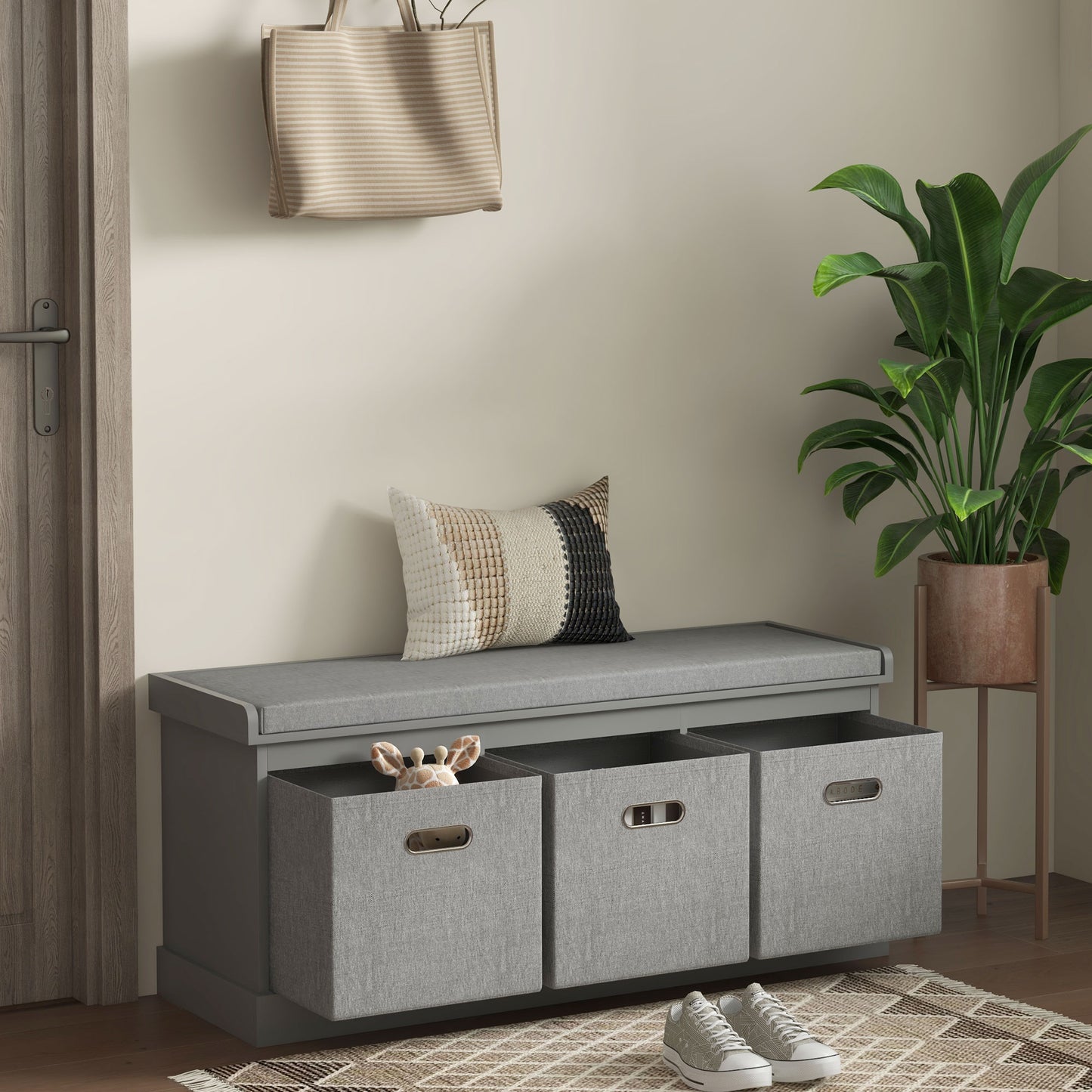 HOMCOM Shoe Storage Bench with Seat, Entryway Bench Seat with Cushion, 3 Fabric Drawers for Hallway, Grey