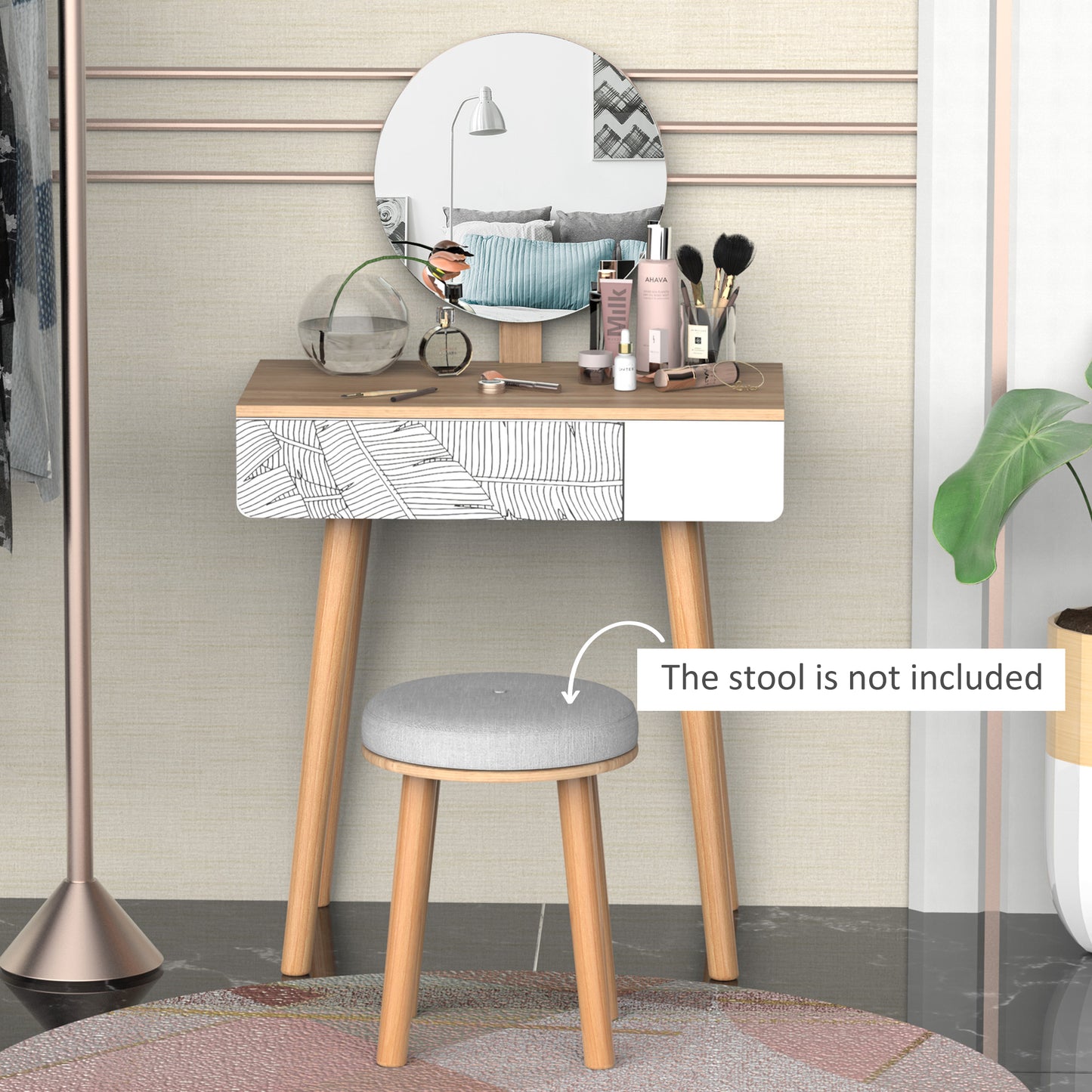 HOMCOM Vanity Desk with Mirror, Makeup Vanity with Drawer and Height Adjustable Mirror, Dressing Table with Wood Legs for Bedroom, Oak