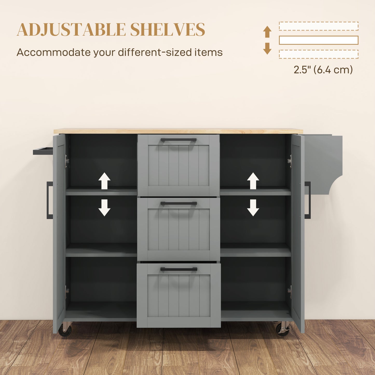 HOMCOM Rolling Kitchen Cart on Wheels with Drop Leaf, Kitchen Island with 3 Drawers, Solid Wood Top and Towel Rack, White