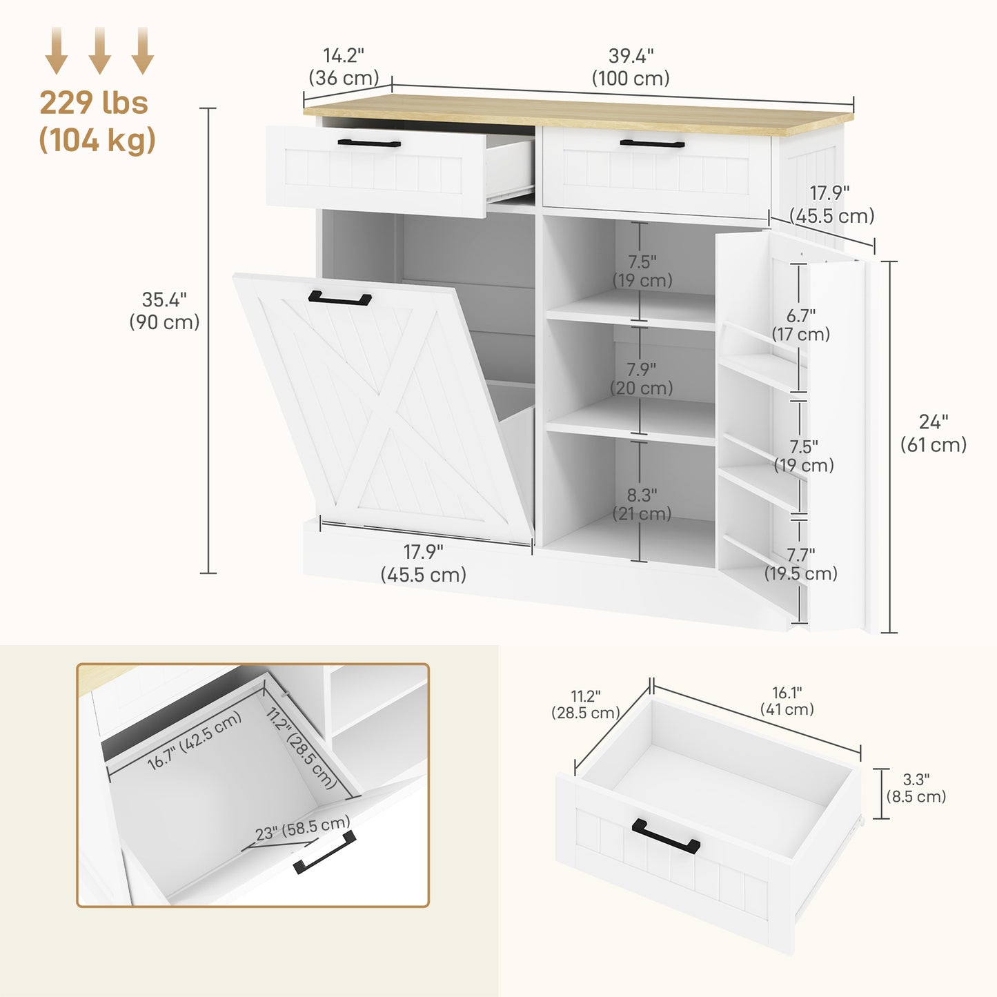 HOMCOM 10 Gallon Hidden Garbage Bin Cabinet, Tilt Out Trash Cabinet w/ 2 Drawers, Freestanding Kitchen Island, Black