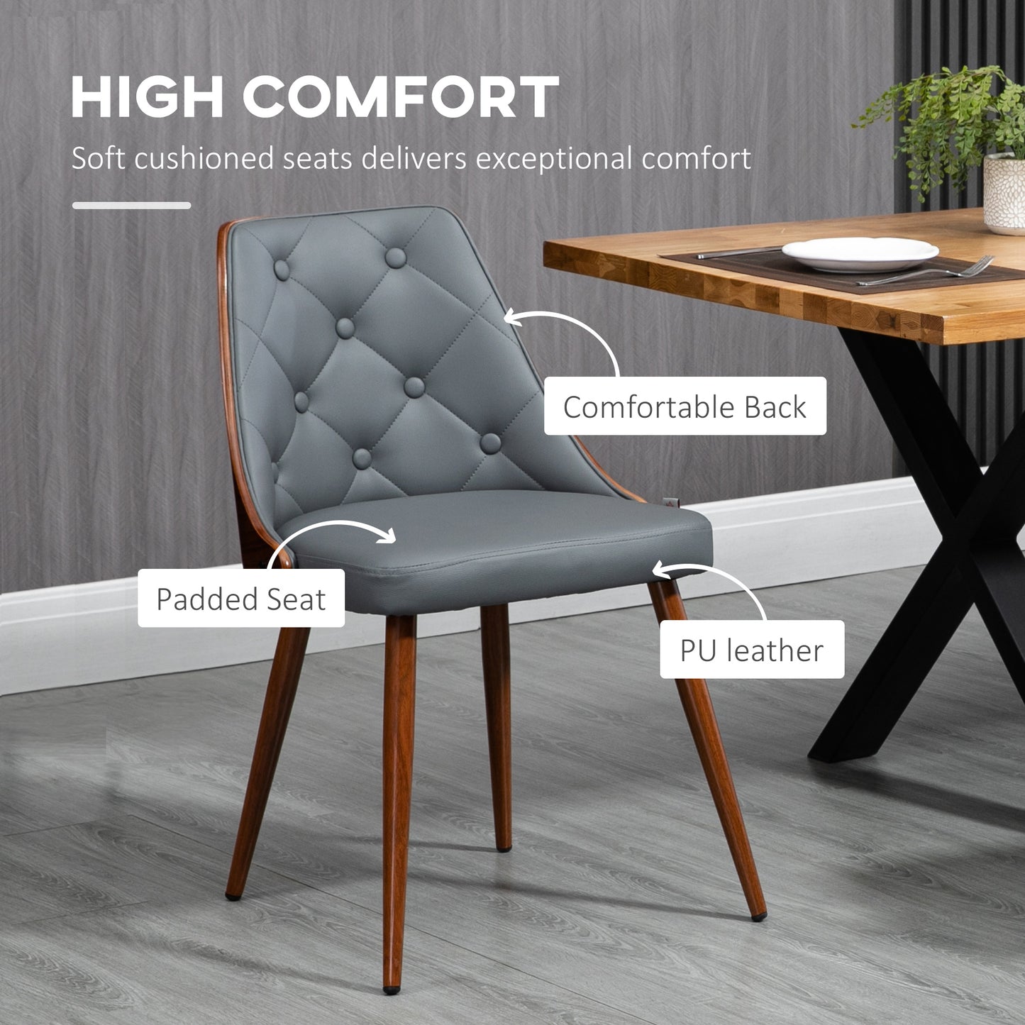 HOMCOM Dining Chairs Set of 2, Tufted Kitchen Chairs, PU Leather Upholstered Seats and Steel Legs for Dining Room, Grey