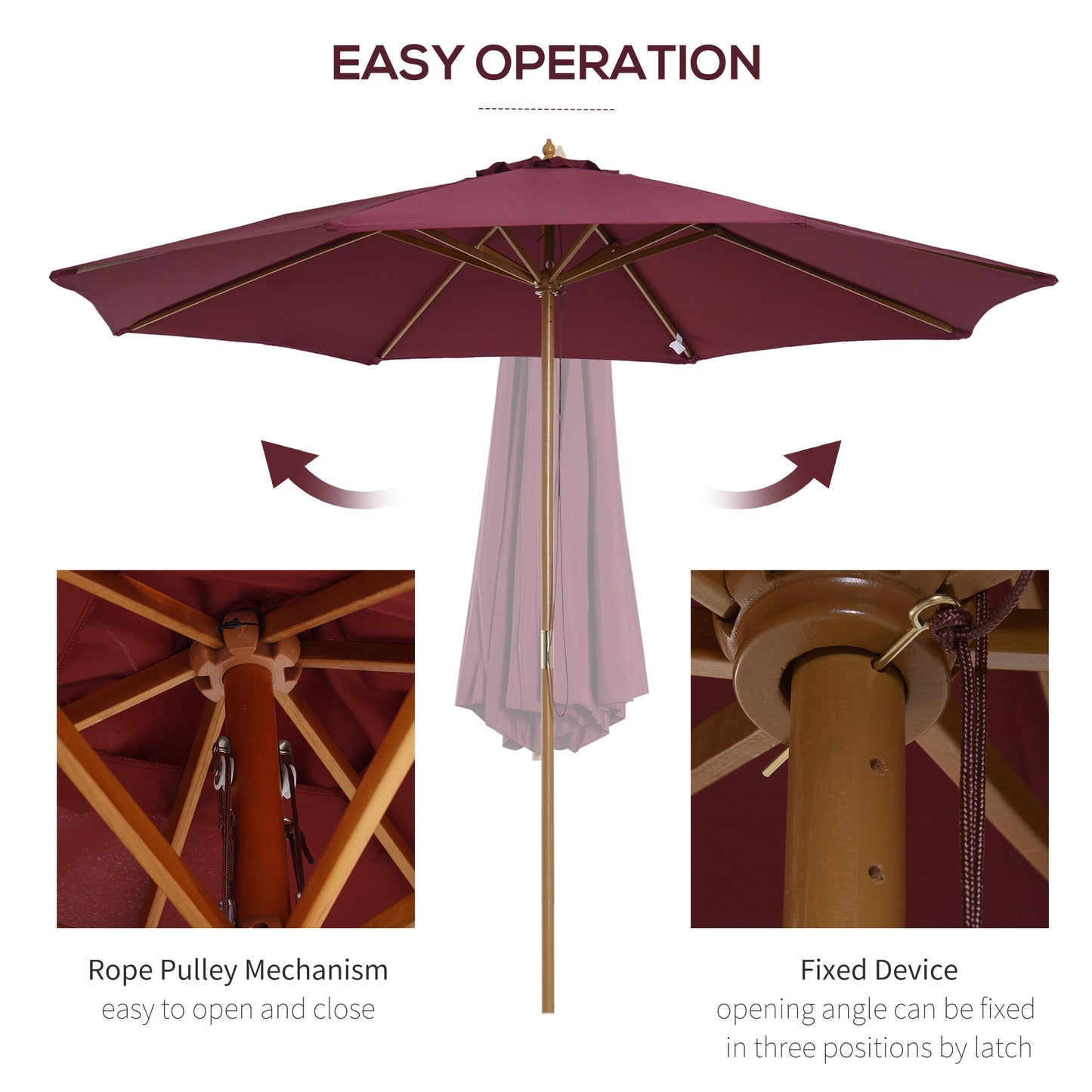 Outsunny 10' x 8' Bamboo Wooden Round Market Patio Sun Umbrella Garden Parasol Outdoor Sunshade Canopy, White