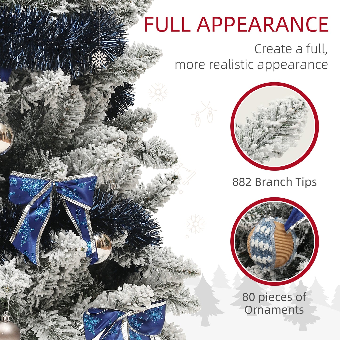 HOMCOM 5ft Prelit Artificial Christmas Tree with Blue Ornaments, Flocked Christmas Tree with LED Lights for Holiday
