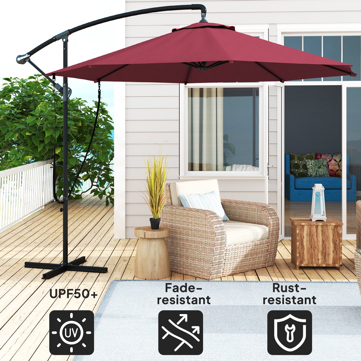Outsunny 9.5' Cantilever Umbrella with Wind Protection Strap and Cover, Hanging Umbrella with Crank and Cross Base, UPF 50+, Grey
