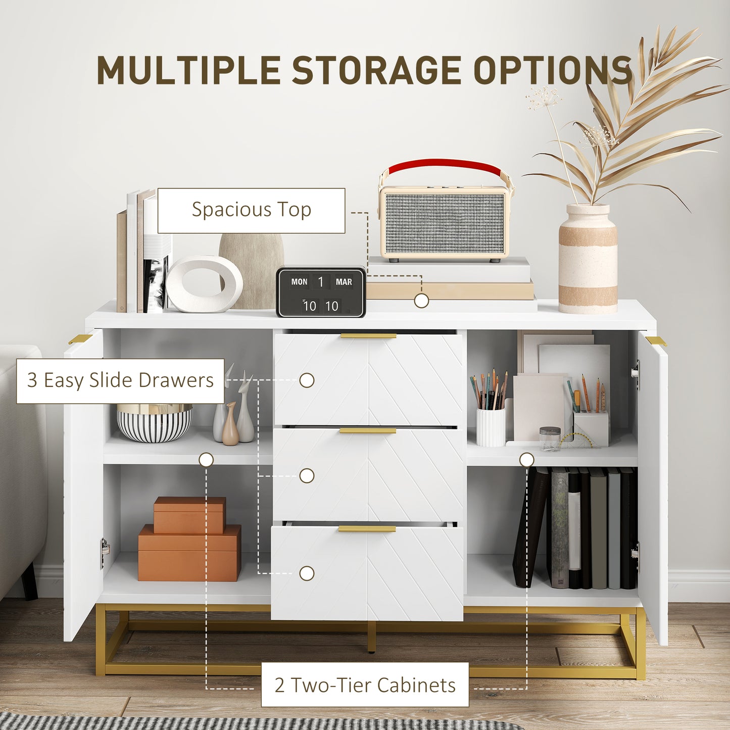 HOMCOM 47" Sideboard Buffet Cabinet with Storage, Contemporary Buffet Cabinet with Adjustable Shelves and Metal Legs, Kitchen Storage Cabinet with Elevated Base, White