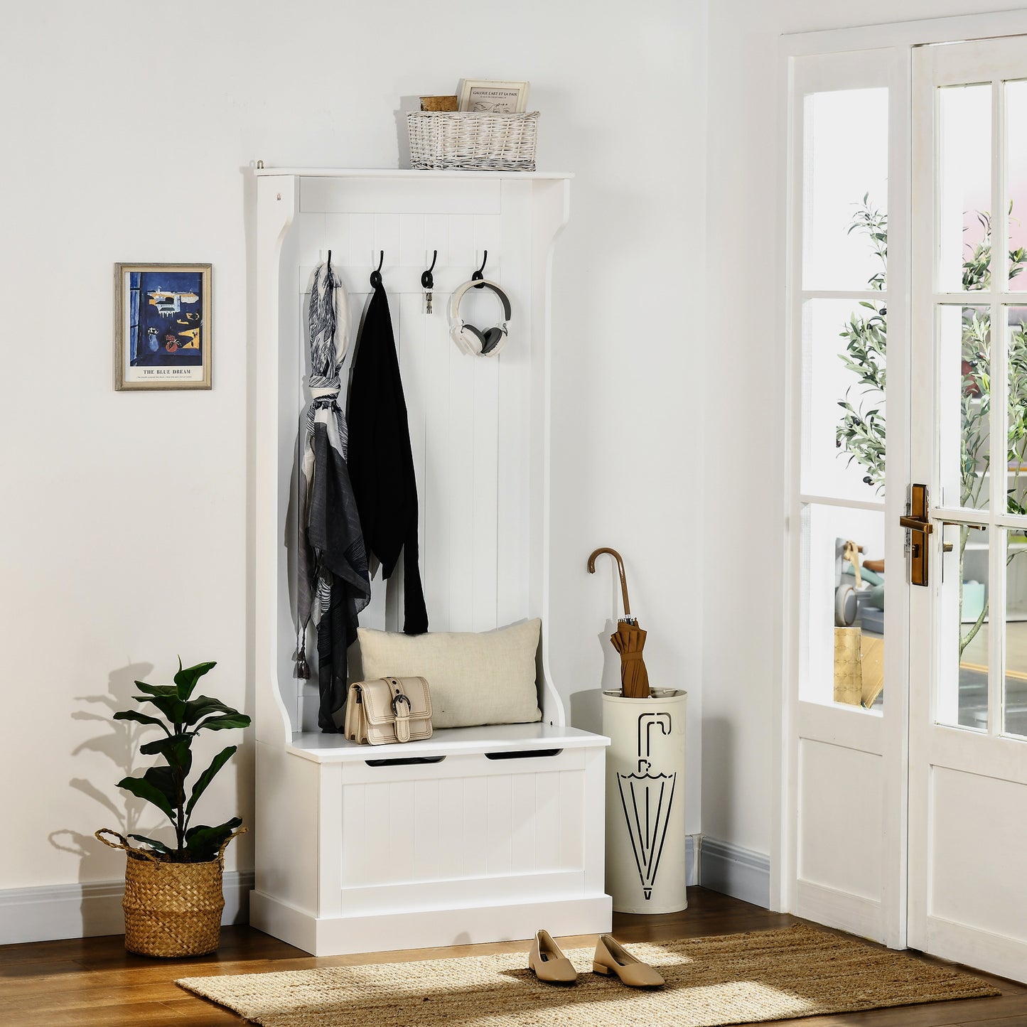 HOMCOM 3-In-1 Hall Tree with Coat Rack, Shoe Storage and Bench Seat, Entryway Bench with 4 Hooks for Hallway, Living Room