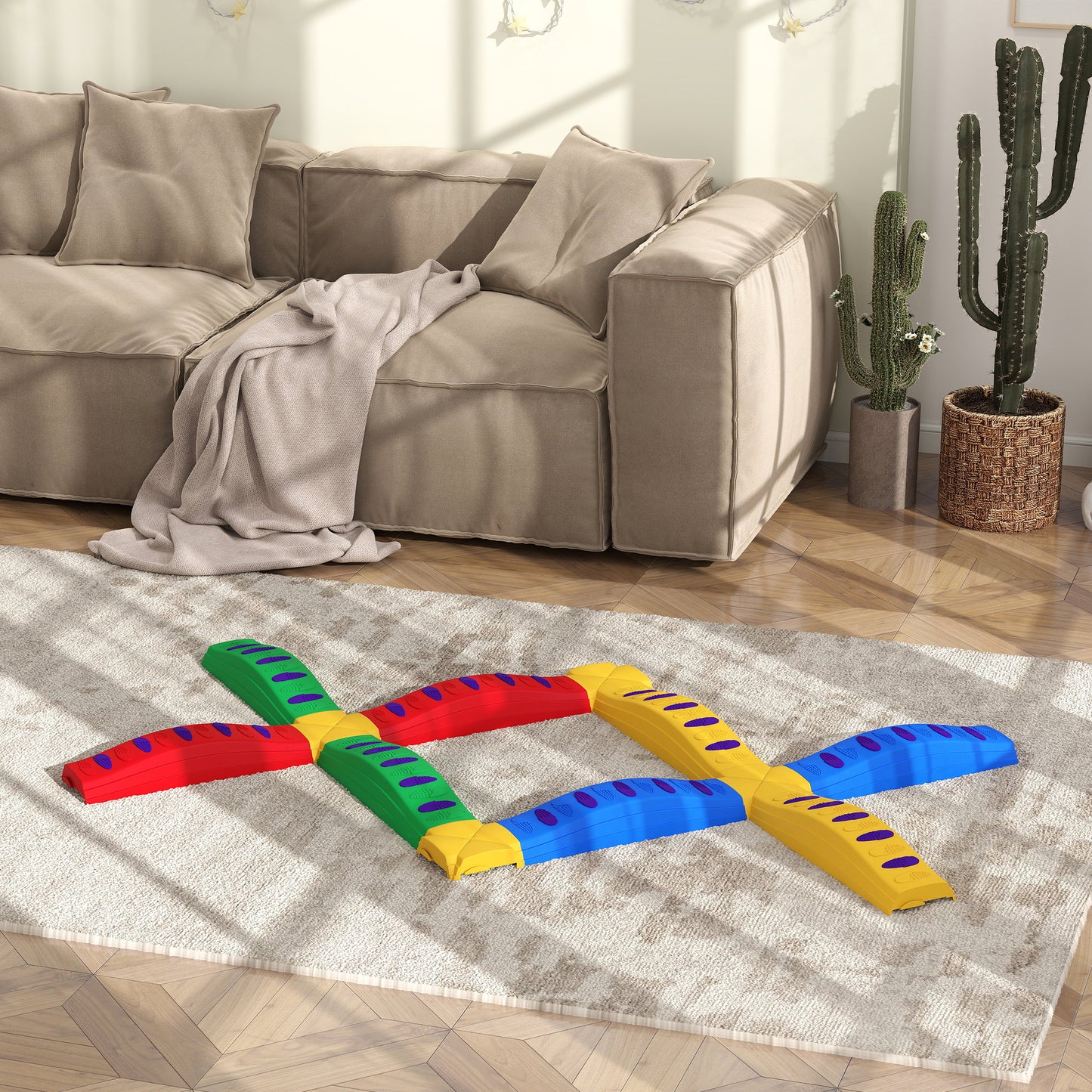 Outsunny 8pcs Balance Beam for Kids, 4 Sensory Pads and 4 Beams with Non-slip Surface & Bottom, Stackable Stepping Stones Kids for Boys Girls 3-6 Years, Multicoloured