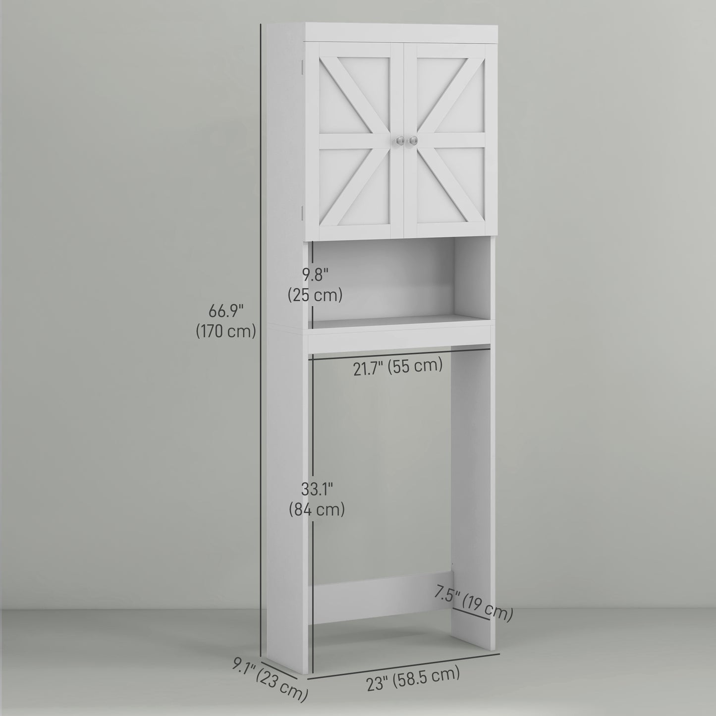 HOMCOM Over The Toilet Cabinet, Modern Bathroom Above Toilet Storage with Barn Doors and Open Shelf, White
