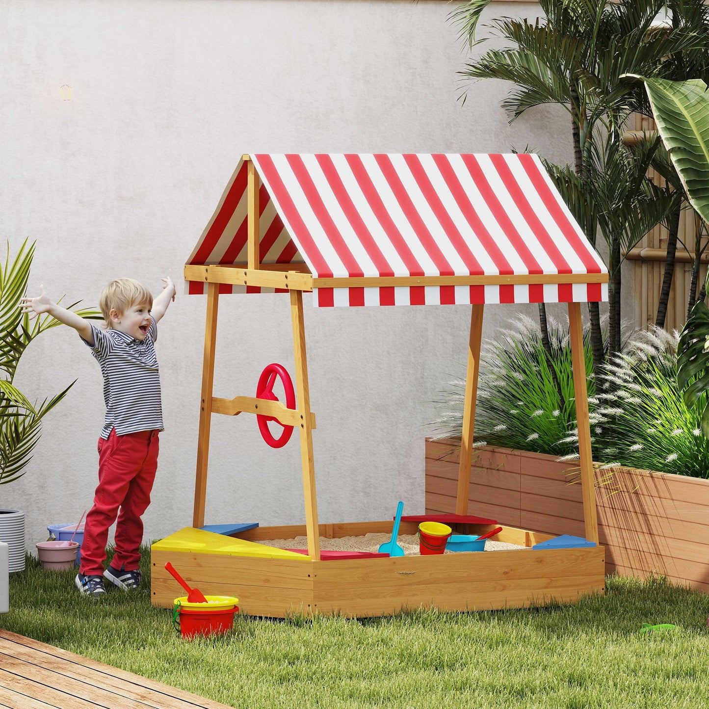 Qaba Wooden Kids Sandbox with Cover, 4 Seats, Rudder, Deck, Bottom Liner, 52" x 40" x 55.5", for Ages 3-8, Yellow