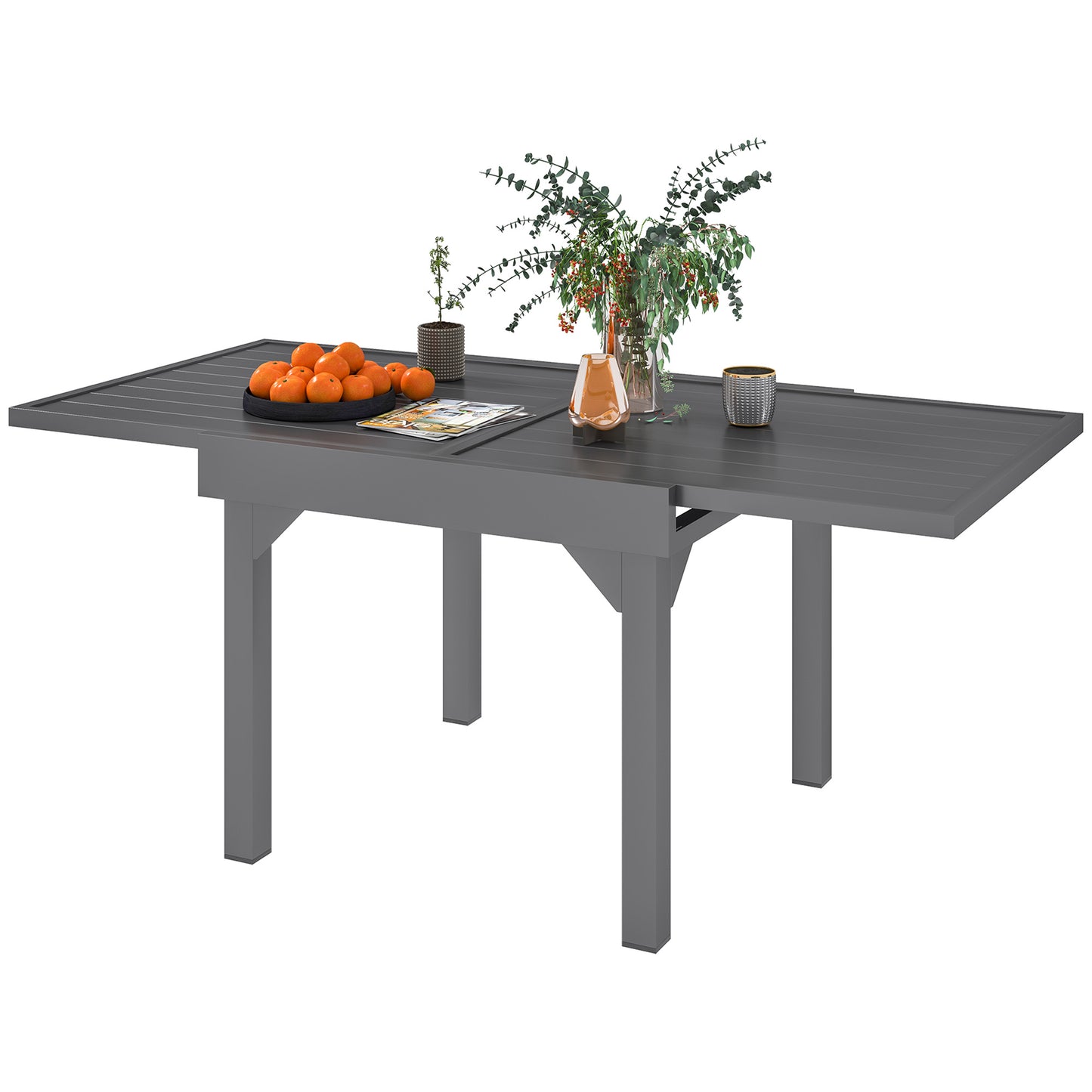 Outsunny 35"-71" Extendable Aluminium Outdoor Dining Table, Slatted Top Patio Table for 4-6 Person, for Garden, Backyard, Grey