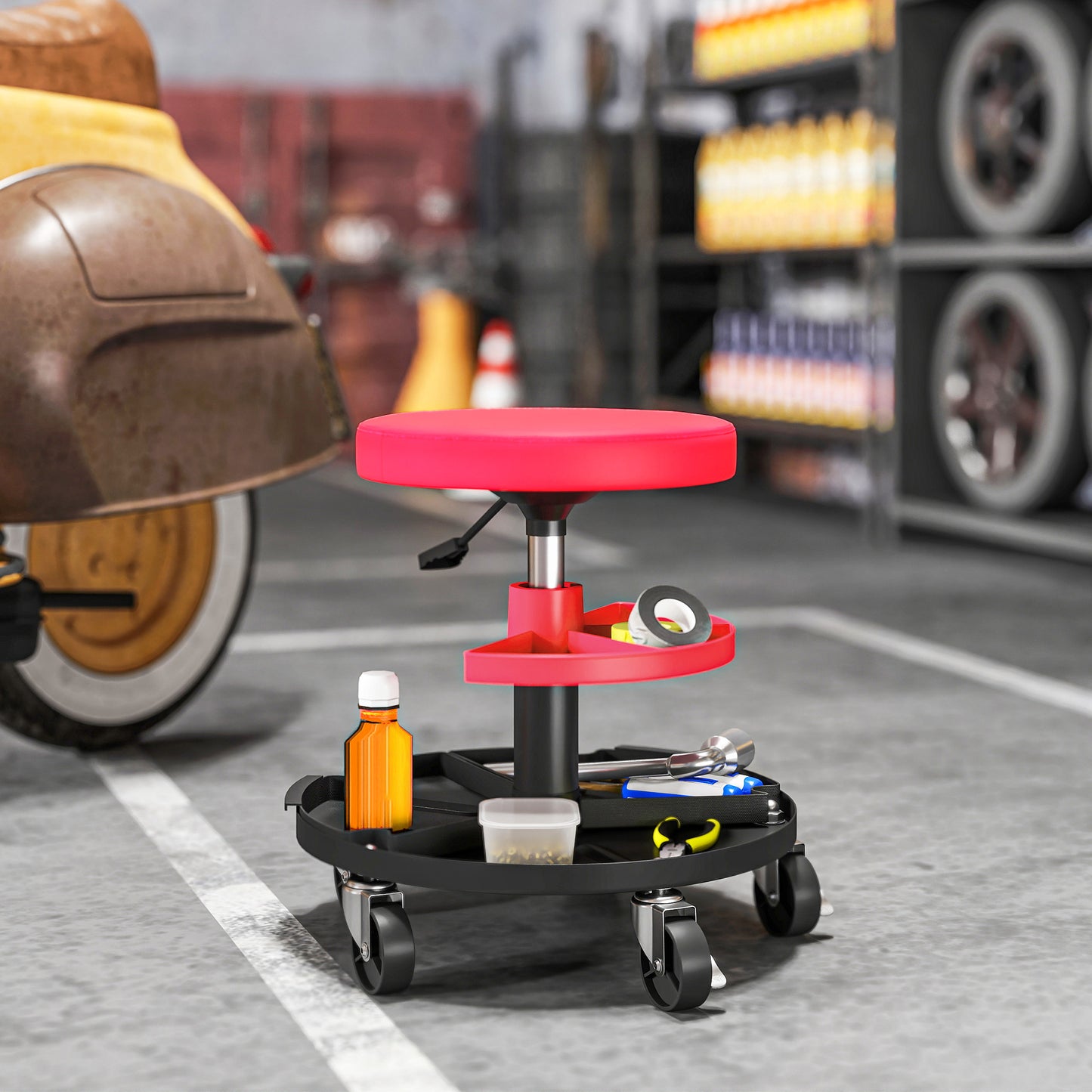 HOMCOM Rolling Garage Stool, 300 LBS Capacity Padded Mechanic Stool with 2.5" Wheels, Adjustable Height 15" -19.7", Red