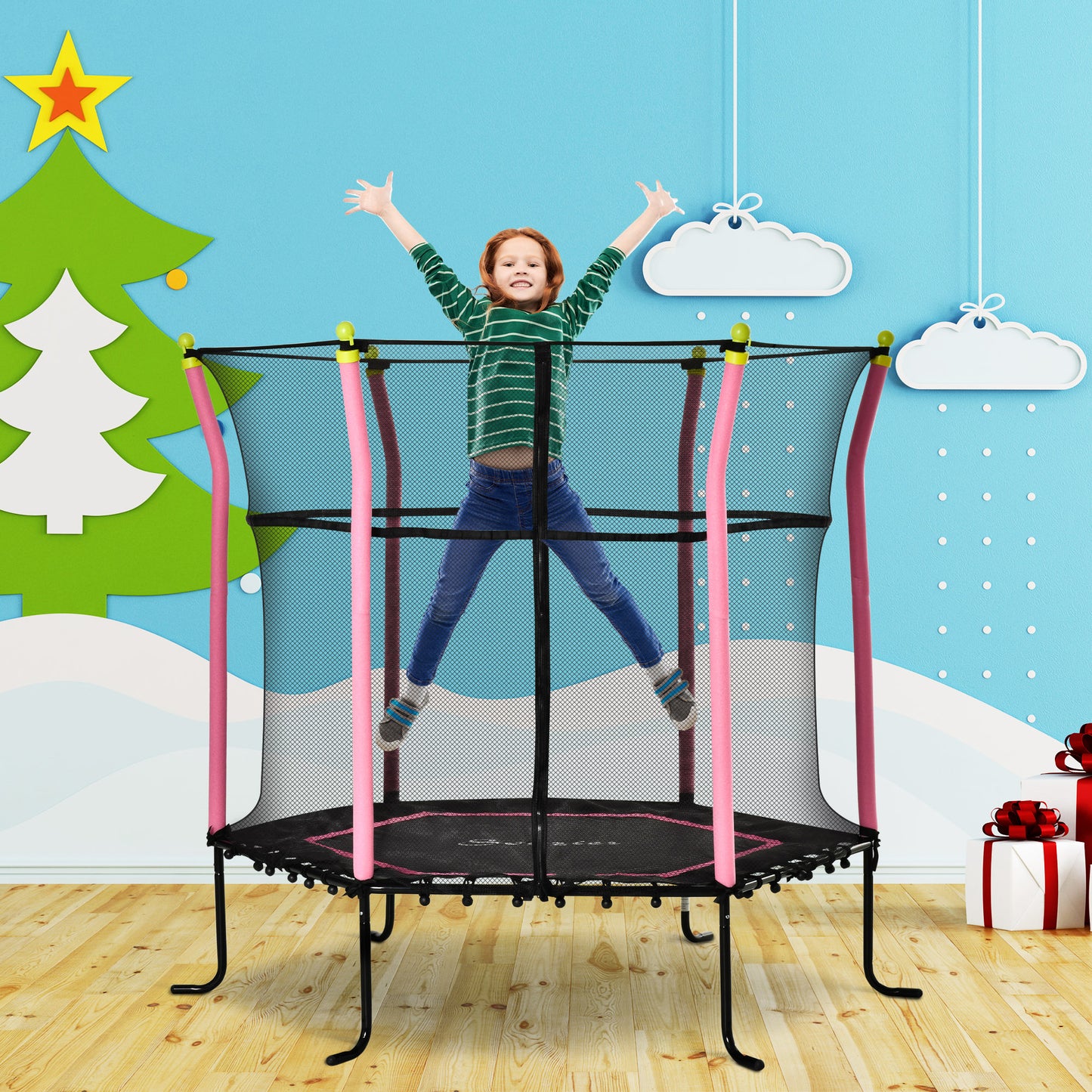 Soozier 64" Kids Trampoline Mini Indoor/Outdoor Bouncer Jumper with Enclosure Net Elastic Thick Padded Pole Gift for Child Toddler Age 3-10 Years Old Pink