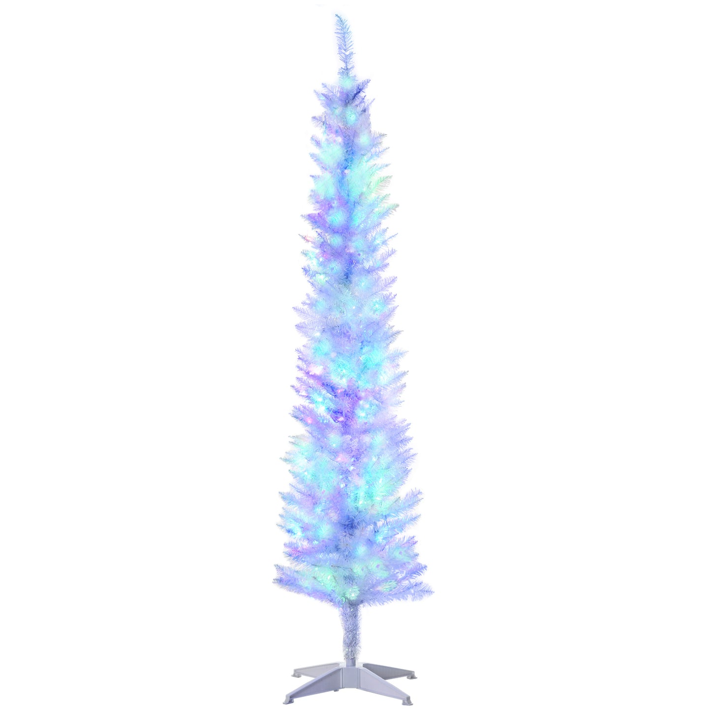 HOMCOM 7' Prelit Christmas Trees, Pencil Artificial Christmas Tree with Colourful Surface Tips, Colourful LED Lights, White