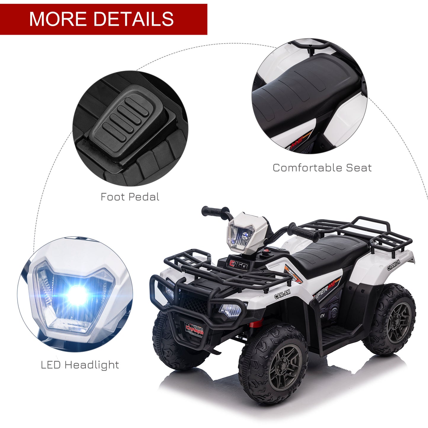 Aosom 12V Kids ATV Quad, 4 Wheeler Battery Powered Electric Vehicle with Music MP3, Headlights, High Low Speed, Treaded Tires, for Boys and Girls Ages 37-60 Months, Pink