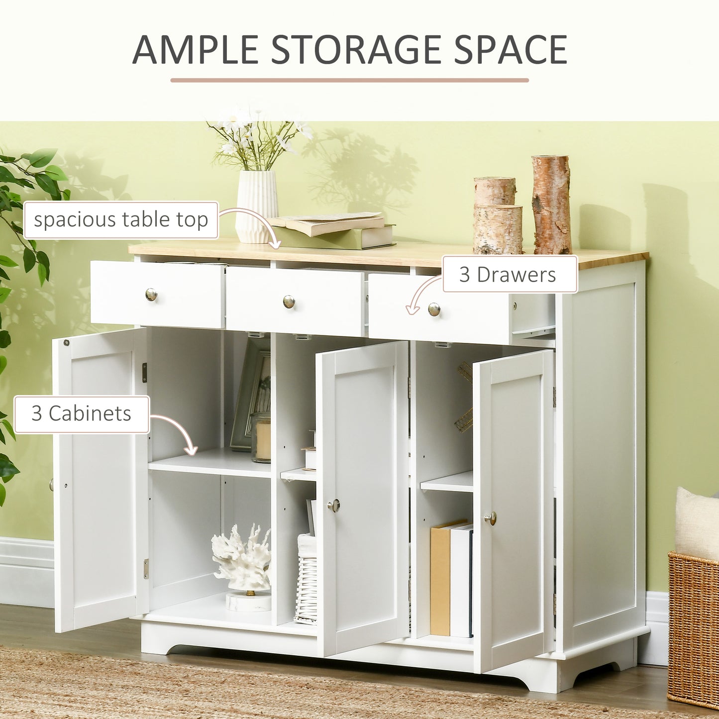 HOMCOM Modern Sideboard, Buffet Cabinet with Storage Cabinets, Drawers and Adjustable Shelves for Living Room, White