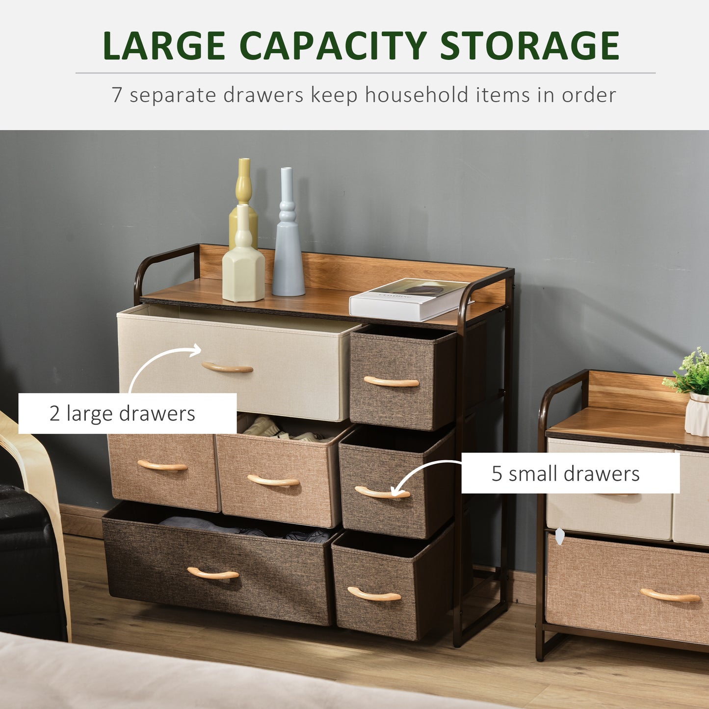 HOMCOM 7-Bin Dresser Storage Tower Cabinet Organizer Unit, Easy Pull Fabric Bins with Metal Frame for Bedroom