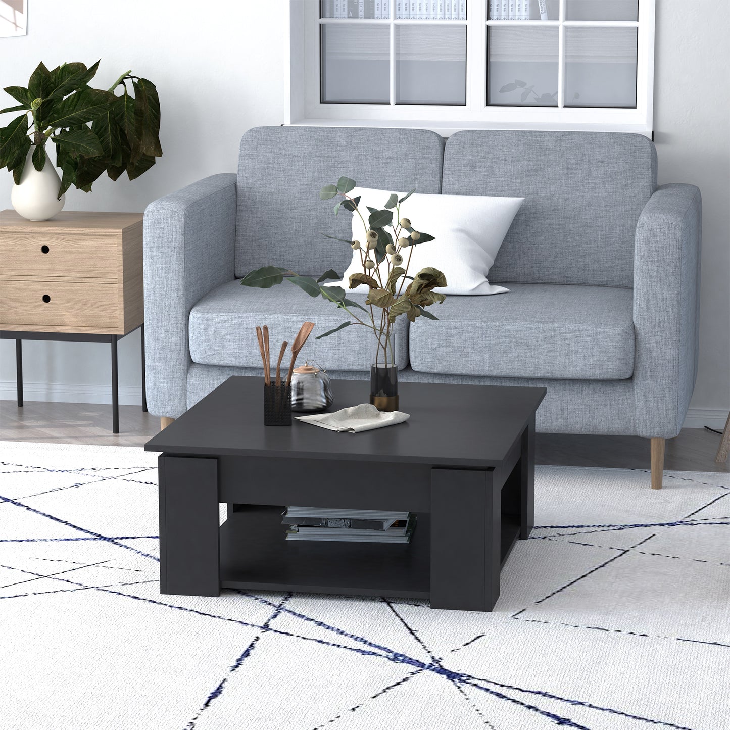 HOMCOM Modern Coffee Table with Storage Shelf, Square Cocktail Table, Center Table for Living Room, Grey