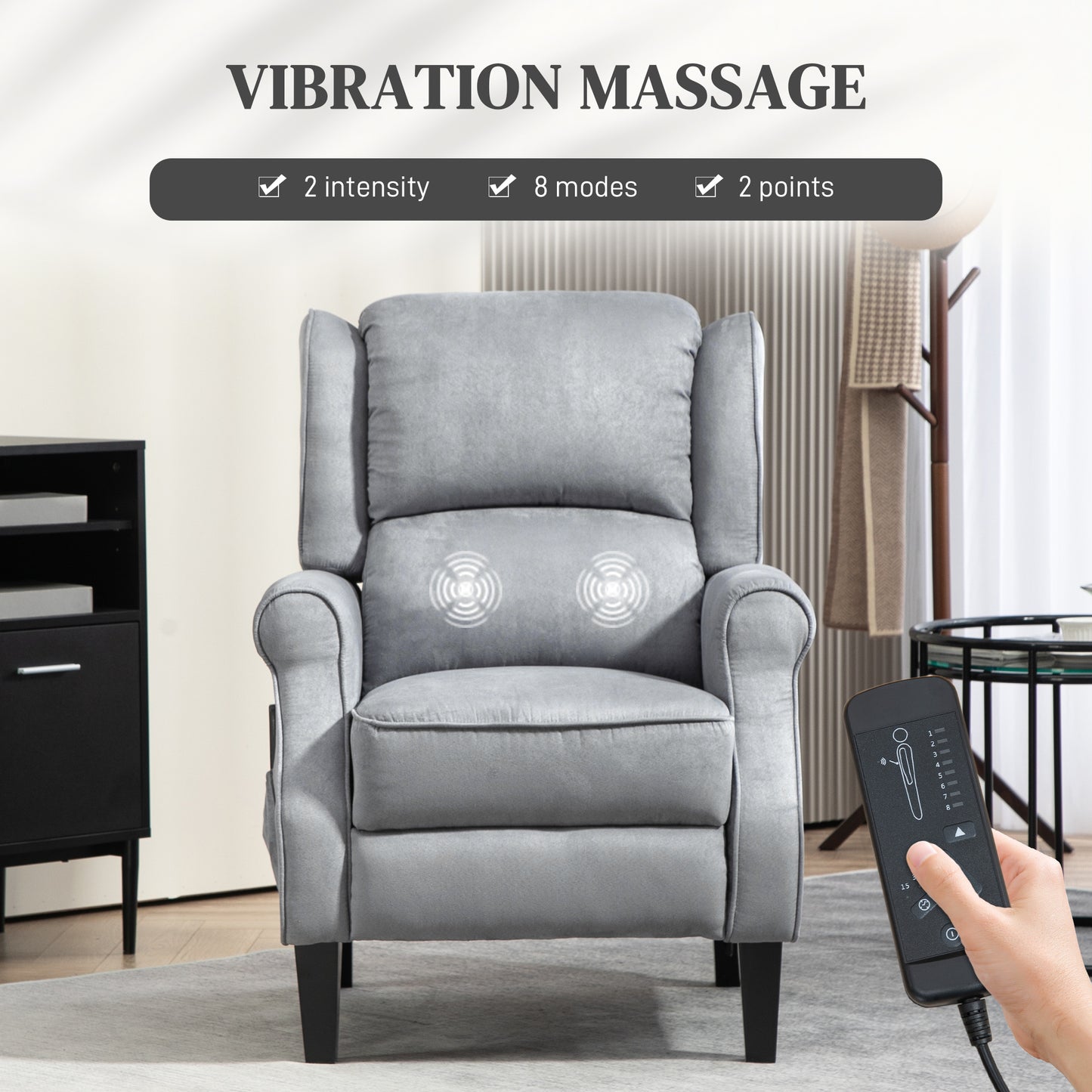 HOMCOM Massage Recliner Chair for Living Room, Push Back Recliner Sofa, Suede Wingback Reclining Chair with Extendable Footrest, Wood Legs, Remote Control, Side Pockets, Black