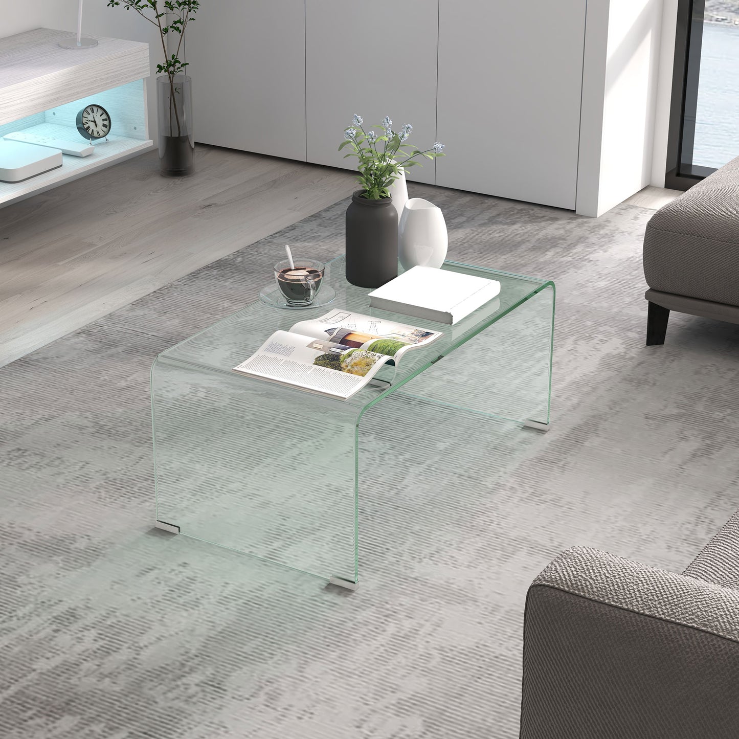 HOMCOM Glass Coffee Table, Clear Coffee Table for Living Room, Modern Rectangle Center Table with Safe Rounded Edges