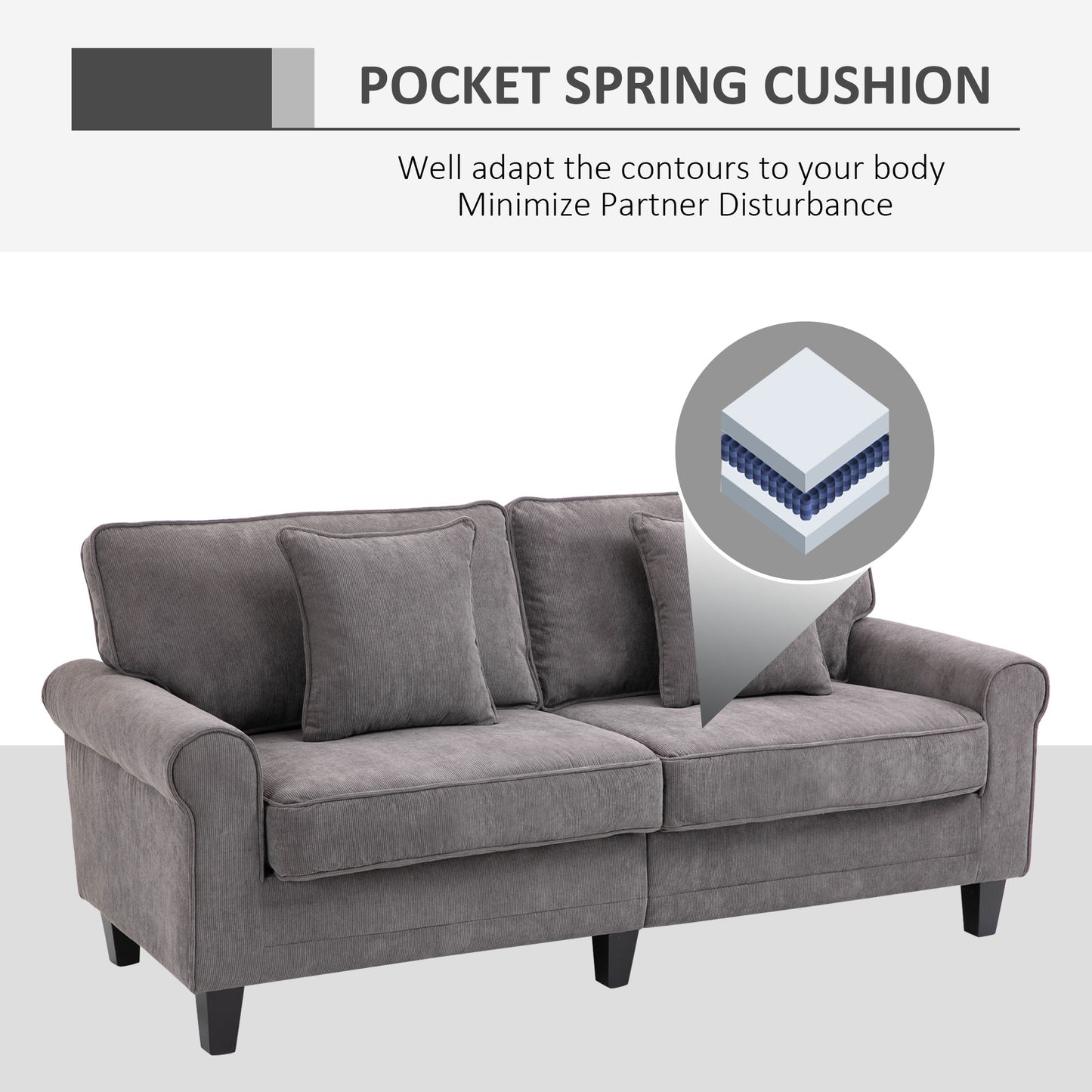 HOMCOM Modern 3 Seater Sofa, Corduroy Fabric 3 Seater Couch with Pine Wood Legs and Rolled Armrests for Living Room, Light Grey