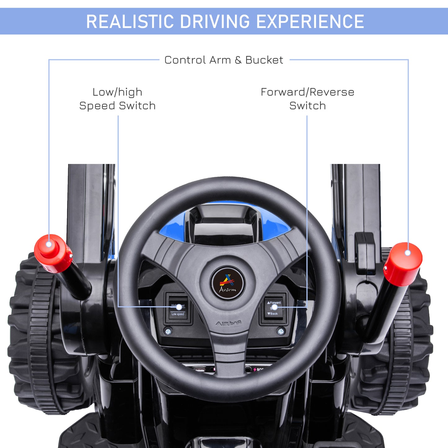 Aosom Kids Tractor 6V Battery Powered Digger Ride On Excavator Music Headlight Moving Forward Backward Blue