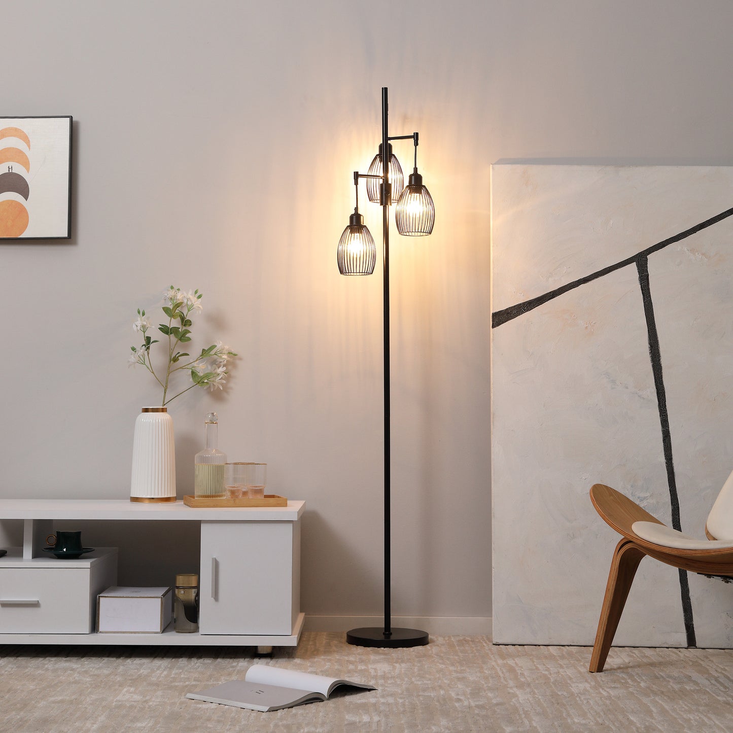HOMCOM Arc Tree Floor Lamp with 5 Adjustable Rotating Lights, Modern Standing Gooseneck Reading Light for Living Room Bedroom Office, Satin Nickel