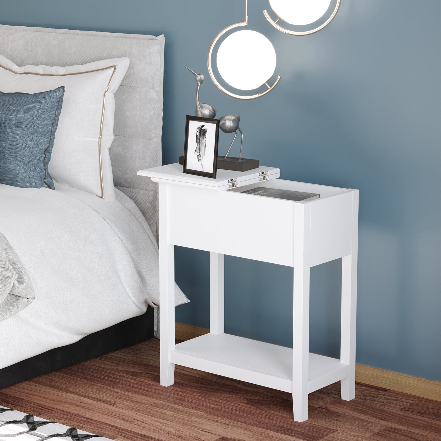 HOMCOM Flip Top End Table, Side Table with Storage Shelf and Cable Management, Narrow Nightstand for Living Room, Bedroom, White