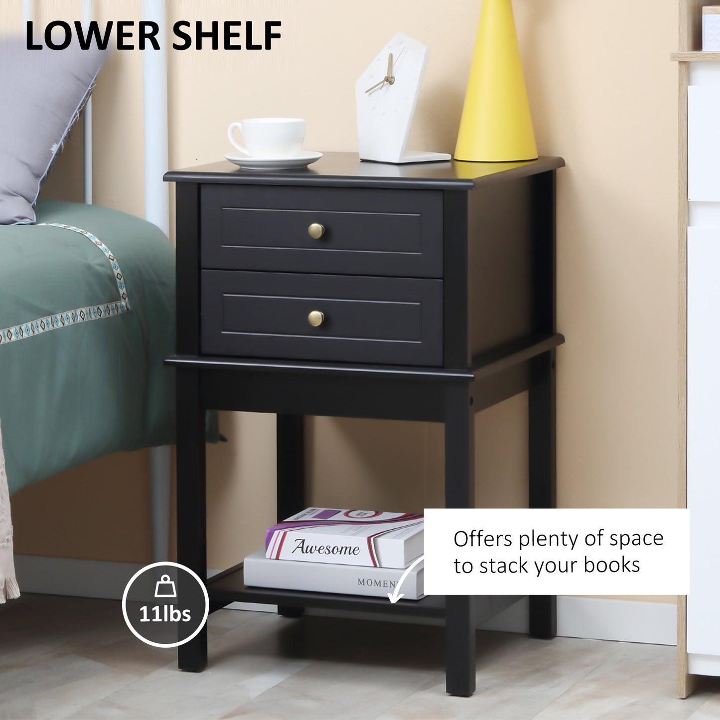 HOMCOM Modern Sofa Side Table, Accent End Table with Drawers and Storage Shelf, Nightstand for Bedroom Living Room, Black