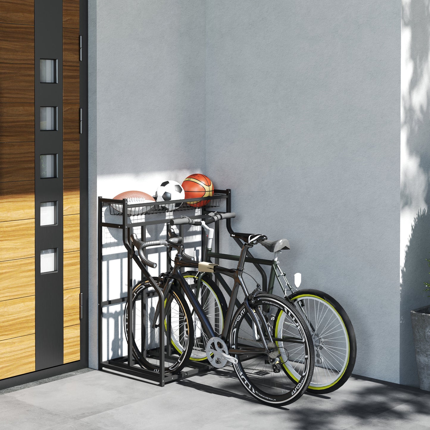 Soozier 3 Bicycle Bike Stand, Metal Floor Bike Storage Rack with Basket, Hooks, Indoor Outdoor Bicycle Stand, Black