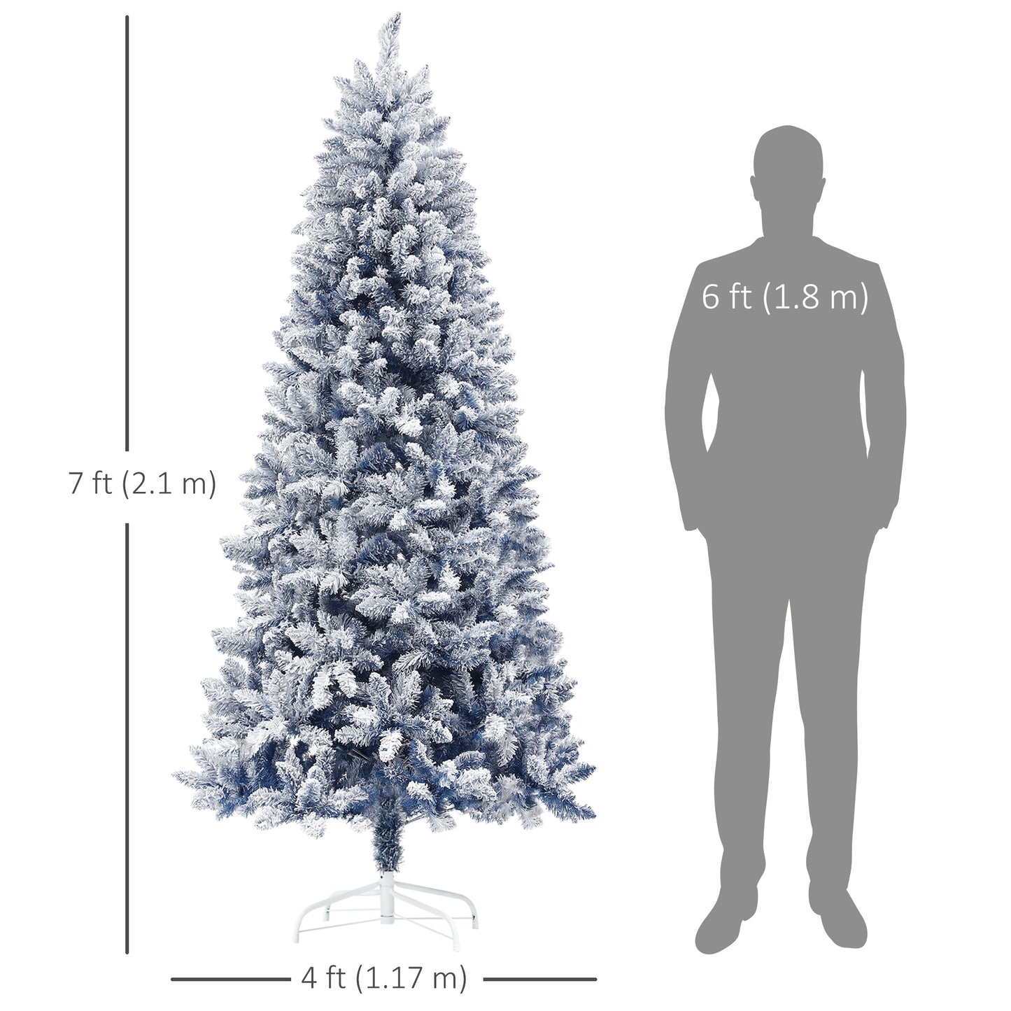 HOMCOM 7ft Flocked Blue Christmas Tree, Artificial Christmas Tree with Hinged Design, Faux Snow, for Home Office Holiday Xmas