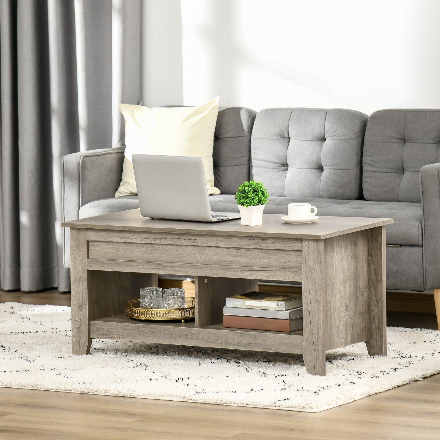 HOMCOM Lift Top Coffee Table with Hidden Storage Compartment and Open Shelves, Lift Tabletop Pop-Up Center Table for Living Room, White