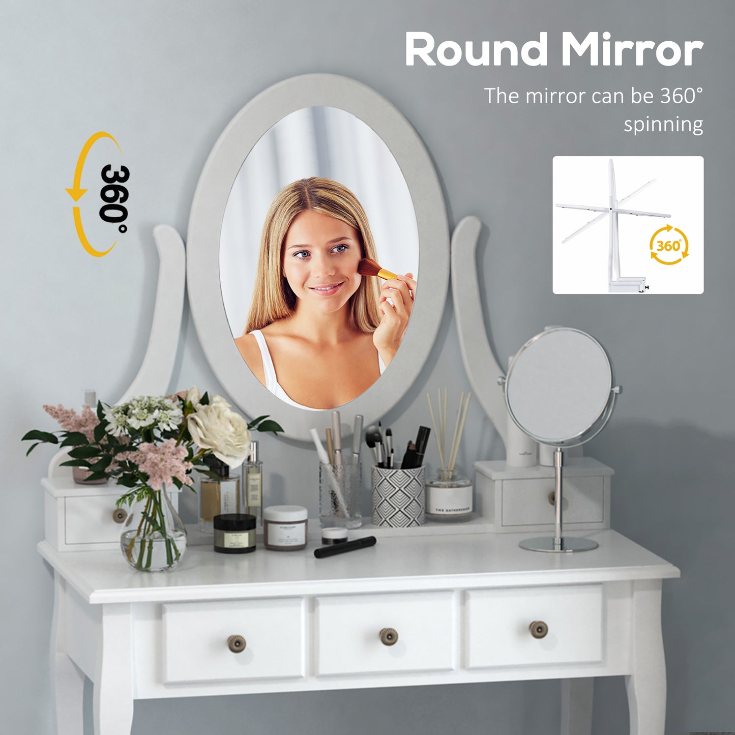 HOMCOM Vanity Desk with Stool, Makeup Vanity with 360° Rotating Oval Mirror, 5 Drawers and Padded Seat, Dressing Table for Bedroom, Black