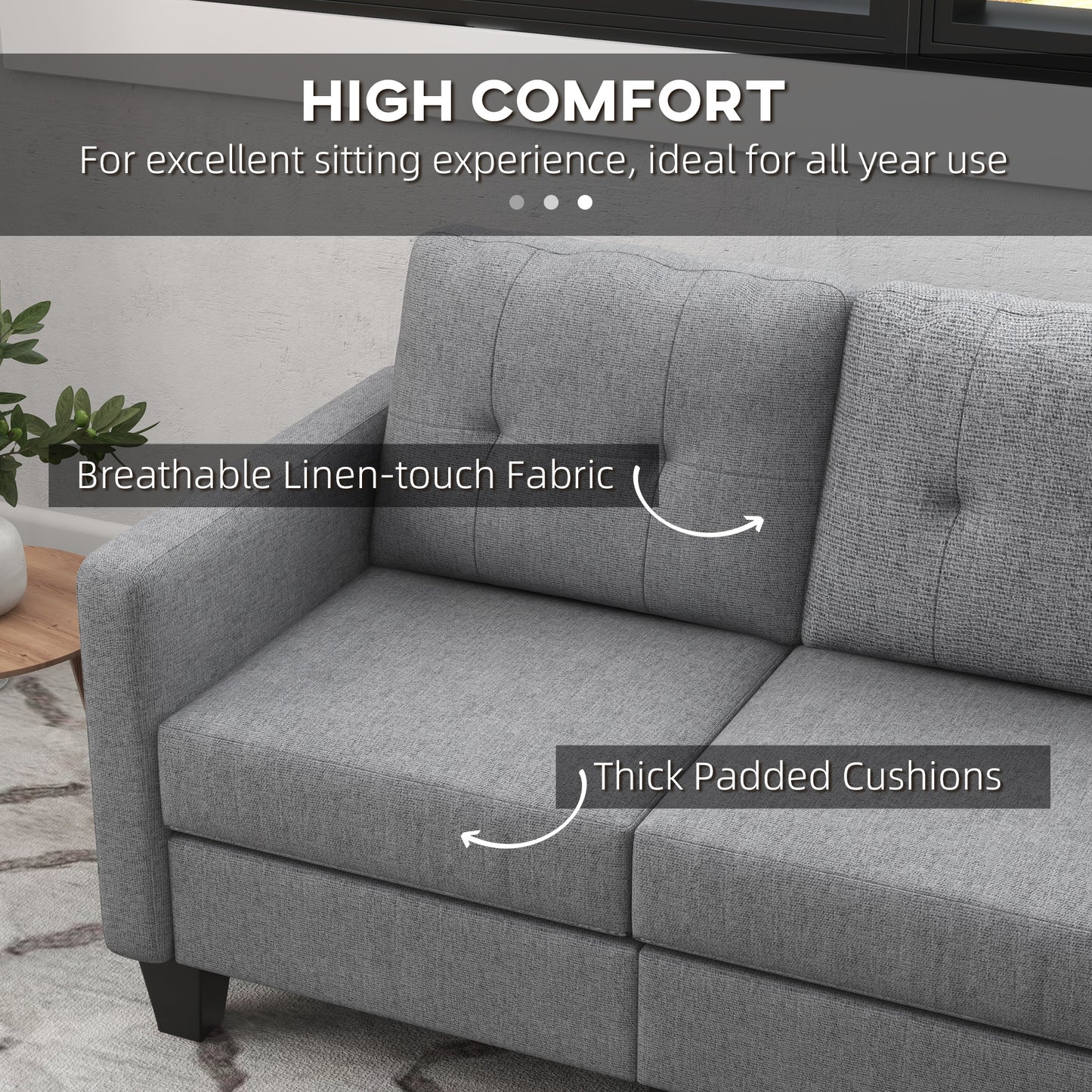 HOMCOM L-shaped Sofa, 3 Seater Couch with Ottoman, Corner Sofa with Thick Padded Cushion and Wood Legs, Dark Grey