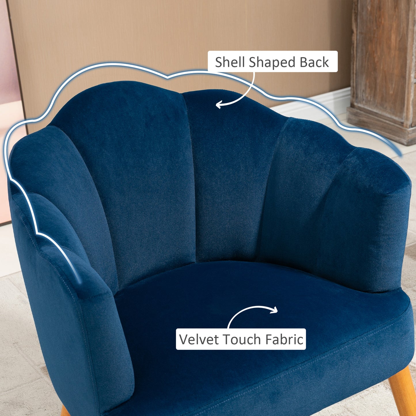 HOMCOM Modern Accent Chairs with Cushioned Seat, Upholstered Velvet Armchair for Bedroom, Living Room Chair with Arms and Wood Legs, Blue