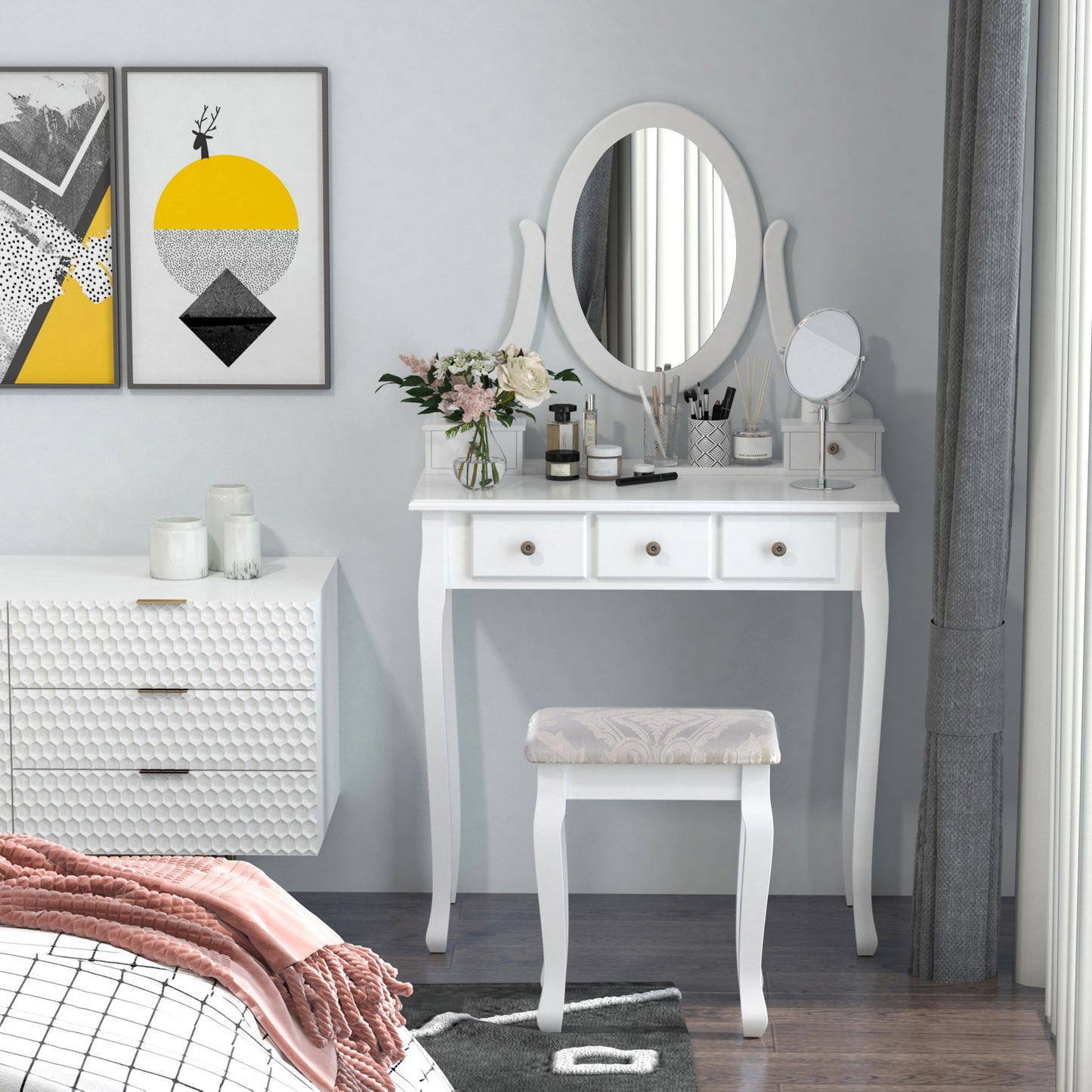 HOMCOM Vanity Desk with Stool, Makeup Vanity with 360° Rotating Oval Mirror, 5 Drawers and Padded Seat, Dressing Table for Bedroom, Black