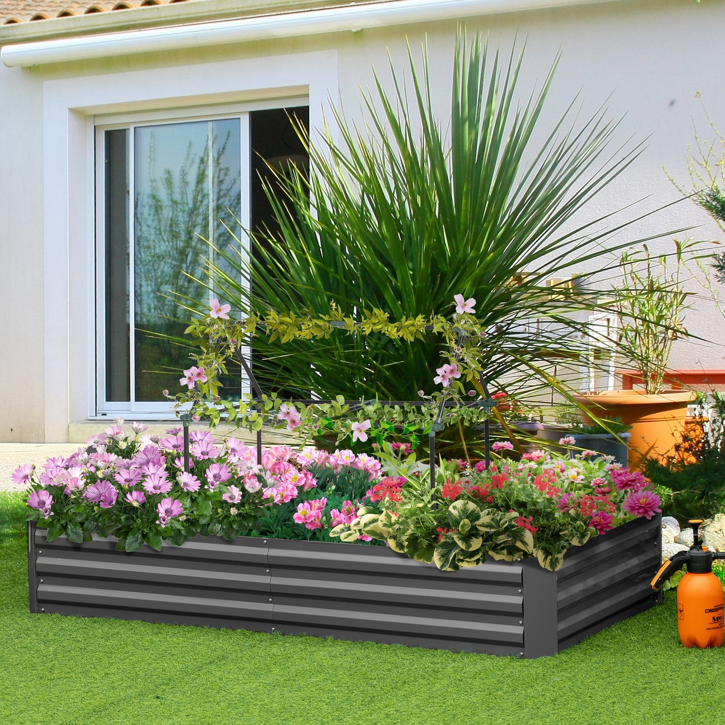 Outsunny 6' x 3' x 1' Raised Garden Bed with 2 Trellis Tomato Cages, Steel Frame Elevated Planter Box, Black