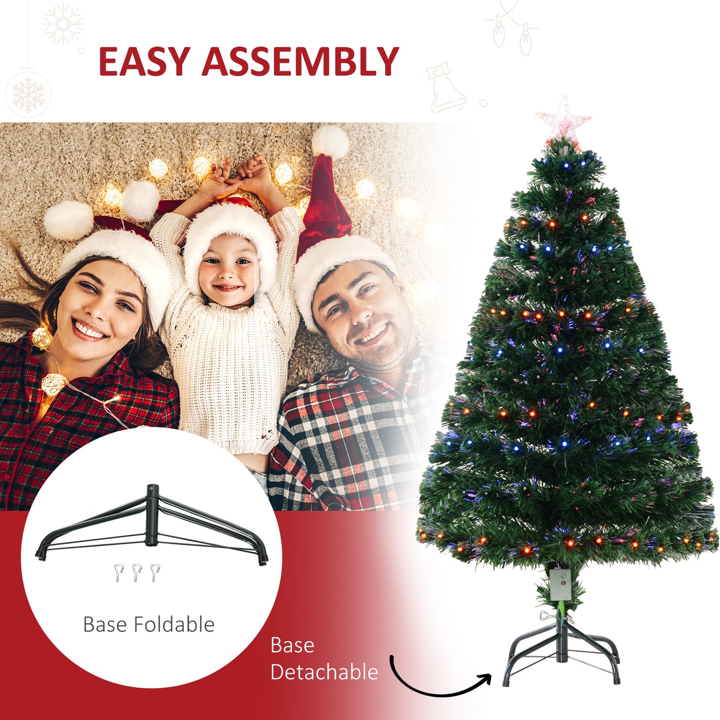 HOMCOM 4ft Prelit Artificial Optical Xmas Tree Spruce Hinged Full Tree